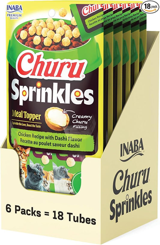 INABA Churu Sprinkles for Cat, Soft & Chewy Churu Filled, Baked Chicken Cat Treat Meal Topper with Vitamin E and Green Tea Extract, 1.05 oz. per Pack, 18 Packs Total, Chicken Recipe with Dashi Flavor