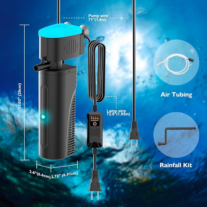 Aquarium Filter | U-V Fish Tank Filter for Green Water Cleaning | U-V Clarifier with Timer | Aeration & Rainfall Mode | Turtle Tank Filter | Submersible Pump with Filter | for 60-150 Gallons