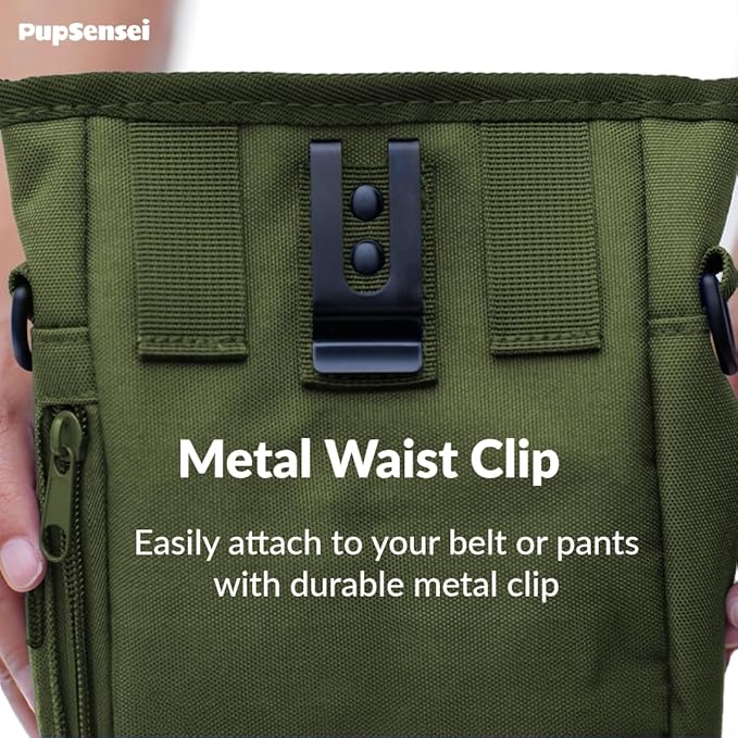 Hands Free Dog Walking Kit - Army Green Magnetic Treat Pouch and Tennis Ball Holder Bundle