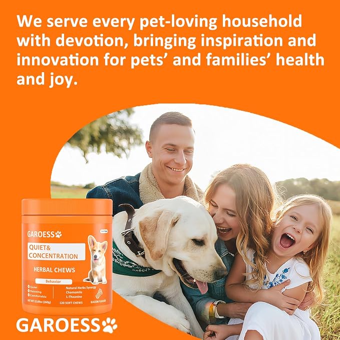 Quiet & Concentration Herbal Chews for Dogs, Behavior Support Supplement with Chamomile, L-Theanine, Valerian Root, ashwagandha, Bacon Flavor, Large container-120 Soft Chews, 12.69 oz (2)