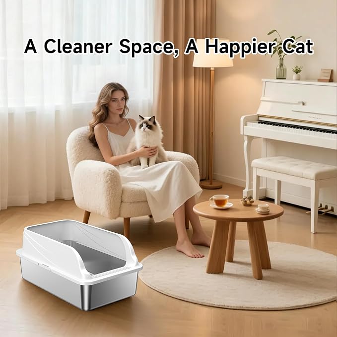 XL Stainless Steel Cat Litter Box with high Sides, Includes Scoop | Extra Large Litter box for Big Cats,Urine Leakage, Non-Stick, Durable,Easy to Clean