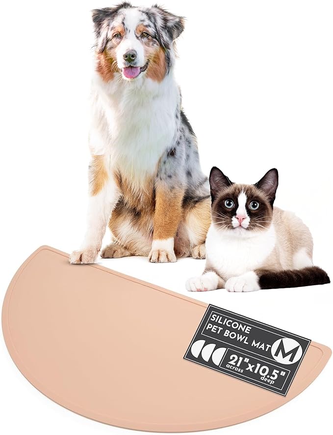 Should We Go? Waterproof Silicone Dog Food Mat – Medium Size Non-Slip Pet Bowl Mat, Raised Edge Design, Easy-to-Clean Pet Food Placemat for Dog & Cat Bowls, 21" Across x 10.5" Deep - Blush