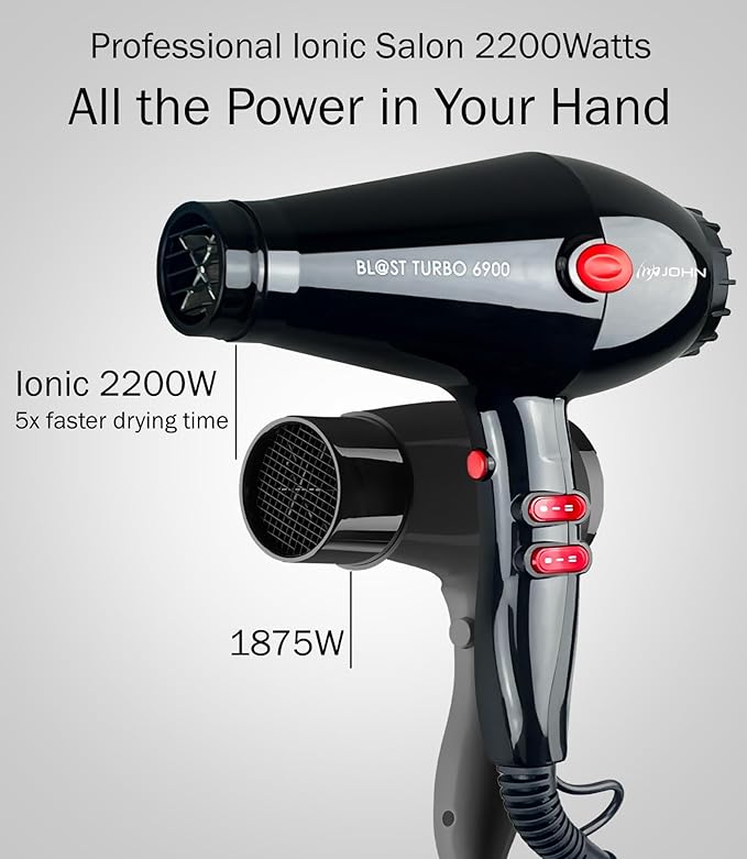 JOHN Professional Hair Blow Dryer, Fast Drying Powerful 2200W, Ionic for No Damage to Hair, Blast Turbo 6900, Black