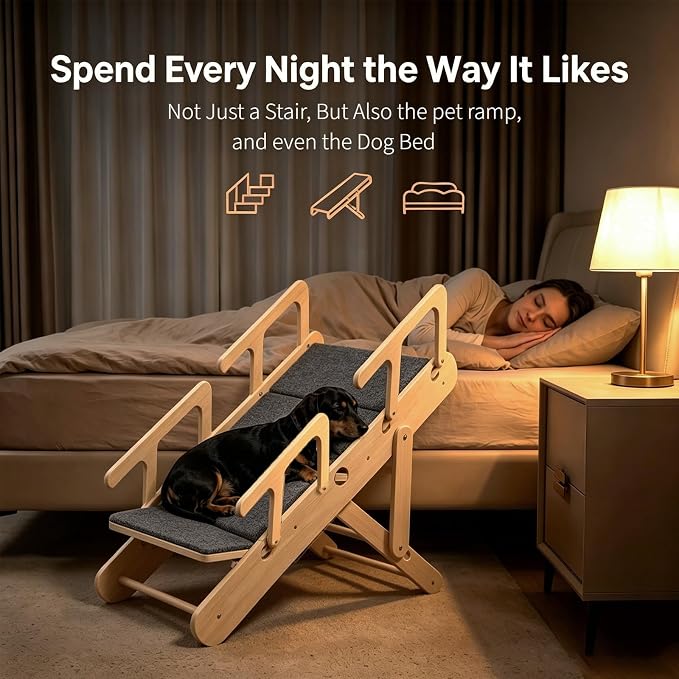Double Safety Handrails 2 in 1 Adjustable Dog Stairs & Ramp for Small Medium Dogs & Old Cats, Foldable Wooden Pet Steps with Non-Slip Mat for Bed Couch Car Travel