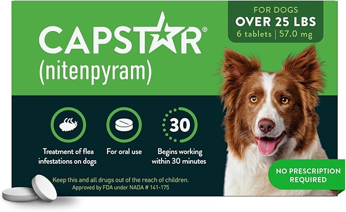Capstar for Dogs (nitenpyram), Fast-Acting Oral Flea Treatment for Dogs Over 25+ lbs, Vet-Recommended Flea Medication Tablets Start Killing in 30 Minutes, 6 Doses