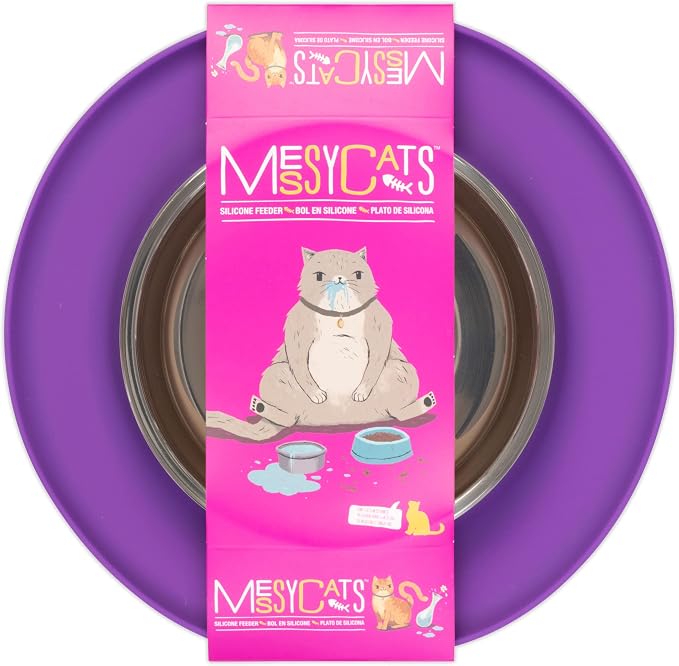 Messy Cats Single Silicone Feeder with Stainless Saucer Shaped Bowl | Anti-Slip Non-Skid Cat Food Bowl | One Cat Bowl in Feeding/Water Station | 1.75 Cups (Purple)