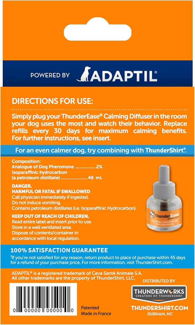 ThunderEase Dog Calming Pheromone Diffuser-Refill, Powered by ADAPTIL, Vet Recommended to Relieve Separation Anxiety, Stress Barking, Chewing,The Fear of Fireworks & Thunderstorms (30 Day) (Pack of 2)