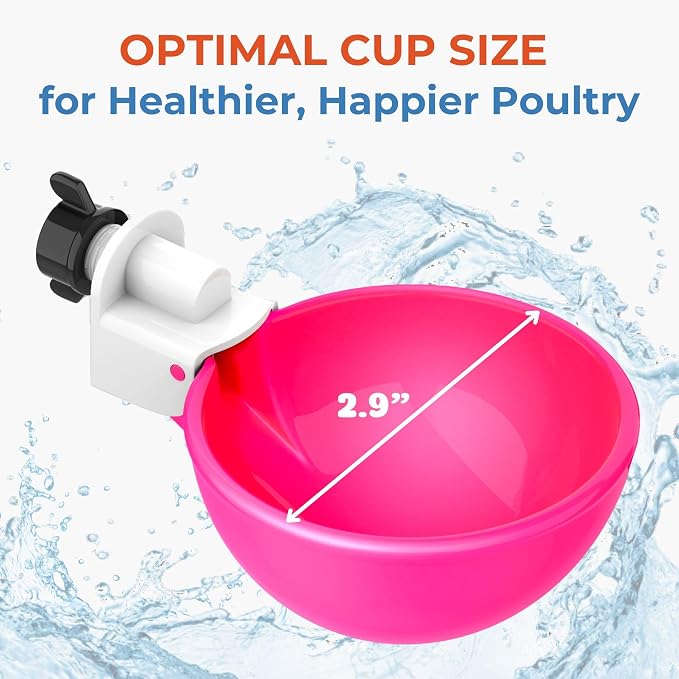 Lil'Clucker - Large Automatic Chicken Waterer Cups Suitable for Ducks, Geese, Turkeys, and Bunny Rabbit - Water Feeder Kit - Poultry Waterer (Pink, 8 Pack)