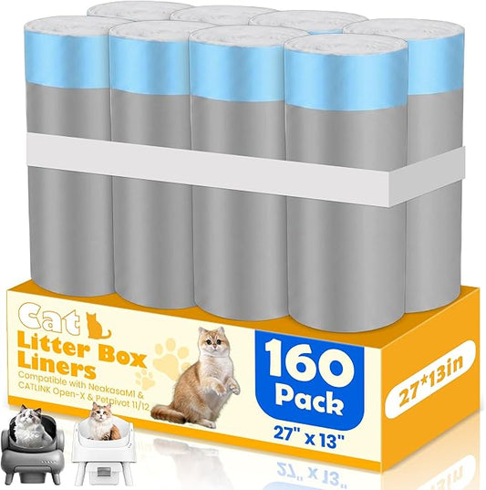 160 Count Drawstring Cat Litter Box Liners, Durable Cat Litter Bags Compatible with NeakasaM1 & CATLINK Open-X & Petpivot 11/12 Self-Cleaning Litter Box, 27"x13"