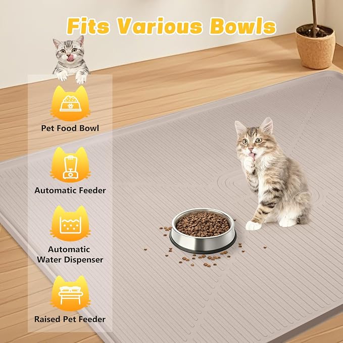Lorvain 45" x 30" Cat Food Mat, Extra Large Silicone Pet Feeding Mat with Raised Edges, Pet Placemat for Cat Dog Food and Water Bowl Waterproof, Non-Slip, Easy to Clean, Floor Protection, Beige
