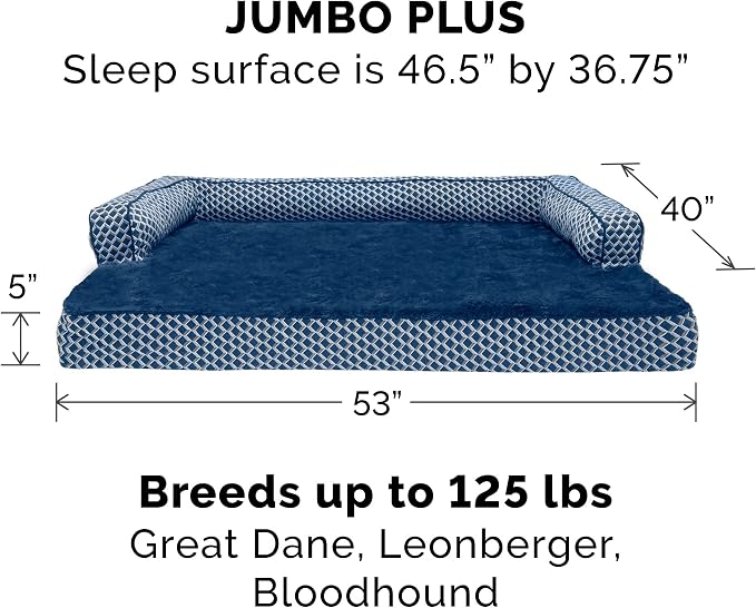 Furhaven Orthopedic Dog Bed for Large Dogs w/ Removable Bolsters & Washable Cover, For Dogs Up to 125 lbs - Plush & Woven Decor Comfy Couch Sofa - Diamond Blue, Jumbo Plus/XXL