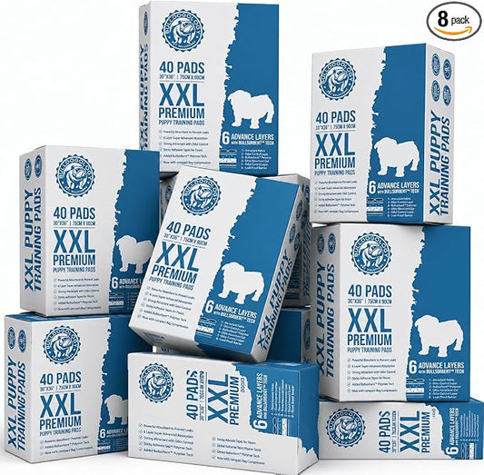 Bulldogology Premium XXL Puppy Pee Pads with Adhesive Sticky Tape Extra Large Dog Training Wee Pads 6 Layer Absorbent Bullsorbent Technology White 320 Count 30 x 36