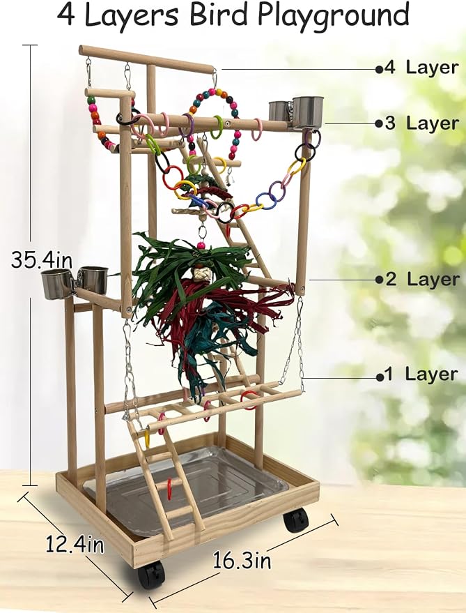 4-Tier Large Wooden Bird Playground with Wheels, Natural Wood Parrot Play Stand Birds Perch Stand Gym with Ladder Toy Accessories for Cockatiel Cockatoo Quaker