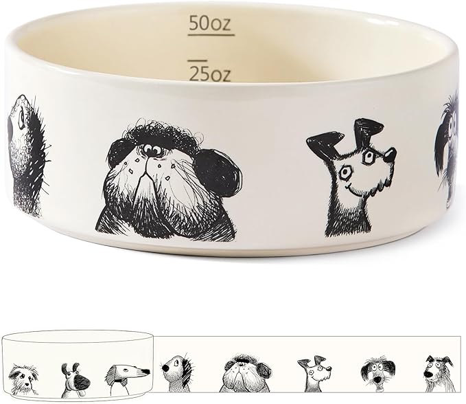 Ceramic Cute Dog Bowl for Medium Large Dogs, Heavy Non-Slip Stoneware Pet Feeding Bowl – 6.5 Cups, Microwave & Dishwasher Safe, Single Bowl