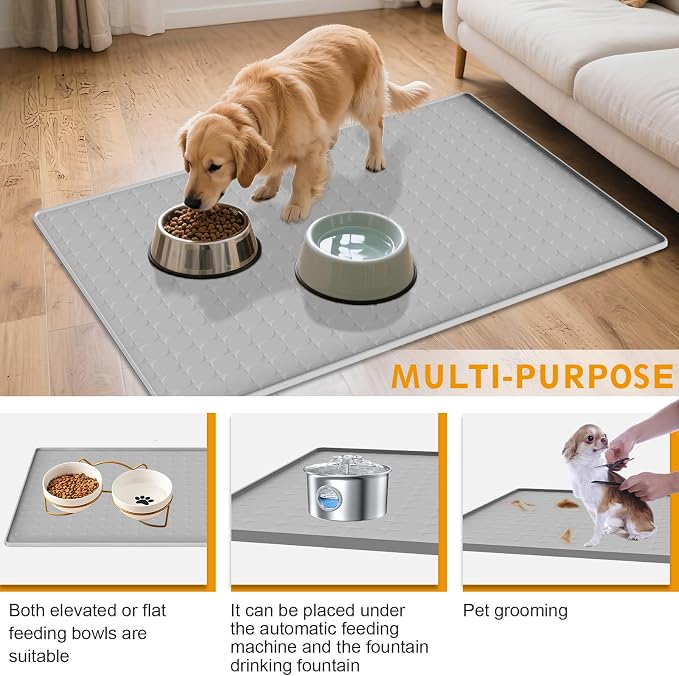 Extra Large Silicone Dog Food Mat 33.9"x21.9" – 0.27" Raised Edge Waterproof Pet Feeding Mat, Non-Slip Placemat for Multiple Bowls, Auto Feeders, Cat Fountains, Dishwasher Safe (Black/Gray)