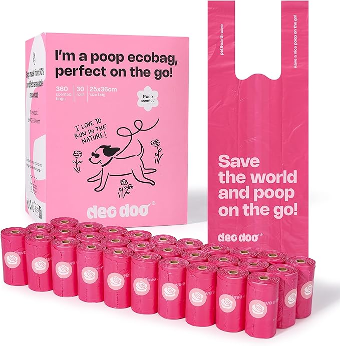 Deo Doo Dog Poop Bags with Handles 30 Rolls 360 Counts Big Sizes Leak Proof and Extra Thick Waste Bags Refill Rolls for Walking Small Medium Large Dogs Cats Litter Rose Scented