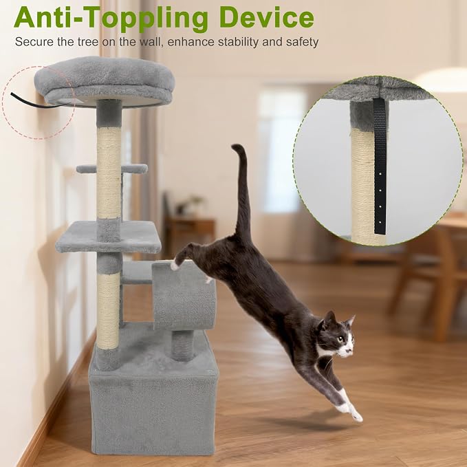 Tangkula Cat Tree Tower, 48 Inch Multi-Level Cat Tower with Large Condo, Sisal Scratching Post, Padded Top Perch, Tunnel, Hanging Ball, 3 Jumping Platforms for Indoor Cats (Light Gray)