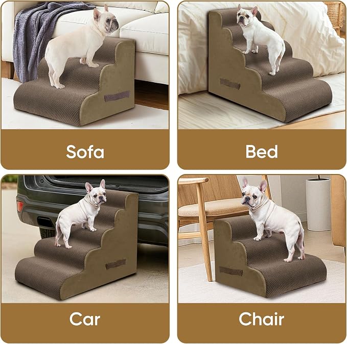 PAWSCRAT Dog Stairs for Small Pets, 11.8" H with 30D Material Soft Foam, Portable Ramp Non-Slip Surface Non-Slip for Couch and High Bed Climbing, 2-Step Stairs for Cat or Dog, Brown