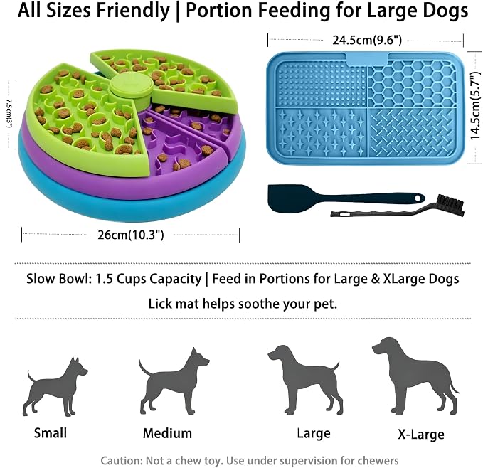 3-Level Slow Feeder Dog Bowl, Rotating Maze + Calming Lick Mat | 2-in-1: slow feeder slows 10x, reduces boredom; calming lick mat sticks to wall for alone/travel. With spatula/brush,BPA-free