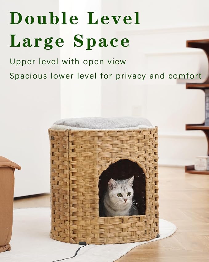 SETVSON Cat House for Indoor Cat, Large Double Cat Houses Cat Bed Cave, Handwoven Rattan Pet Beds with One Soft Pad, 17 x 17 x 17 Inches Foldable Kitten Hideaway in Living Room Natural