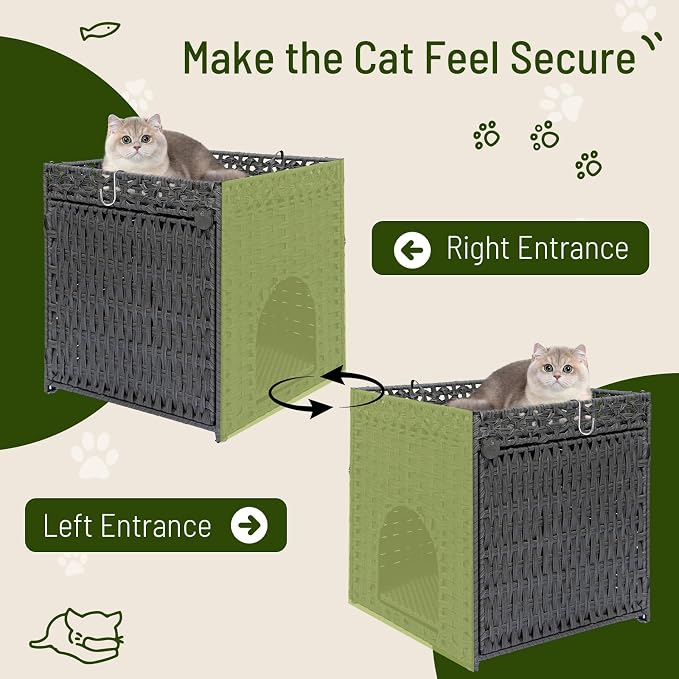 Neti Neti Cat Litter Box Enclosure Furniture, A Calm Enclosed Space Chosen by Cats, Handwoven Rattan Hidden Cabinet with 2 Removable Mats, Large Foldable Design for Indoor Use, Small, Grey