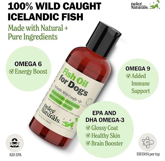 Deley Naturals Fish Oil for Dogs - Itch Relief for Dogs with Omega 3 6 9 for Skin, Joints, Heart and Brain Health - Icelandic Omega 3 Fish Oil for Dogs Skin Irritation - 4oz Omega Oil Made in USA