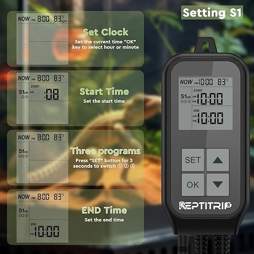 REPTITRIP Reptile Thermostat, Light Timer for Temperature and Lighting Control, Day-Night Timer Thermostat with Reptile Thermometer for UVB Light, Heat Lamp, Heating Pad, 10A 1250w