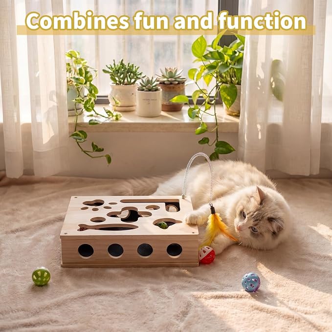 Cat Nail Care Enrichment Box, Interactive Cat Activity Box with 4 Bell Balls, 2 Catnip Balls & 1 Feather Wands, Natural Claw Care & Boredom Relief for Indoor Cats