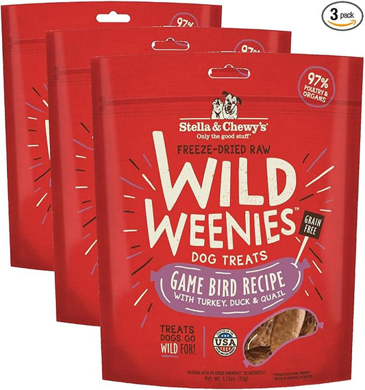 Stella & Chewy's Freeze-Dried Raw Wild Weenies Dog Treats - High-Protein Training Treats for Dogs & Puppies - All-Natural Game Bird Recipe with 97% Turkey, Duck & Quail - USA Made - 3.25 oz Bag