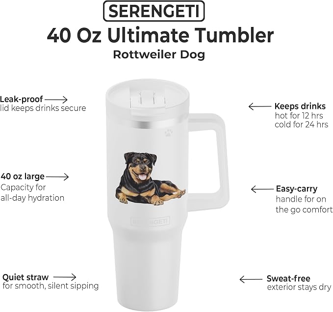 SERENGETI 40 Oz Ultimate Tumbler with Handle and Straw - Vacuum Insulated Tumbler with Straw and Lid - Stainless Steel Travel Mug for Pet Lovers - 3D Designs of your favorite Dog (Rottweiler)