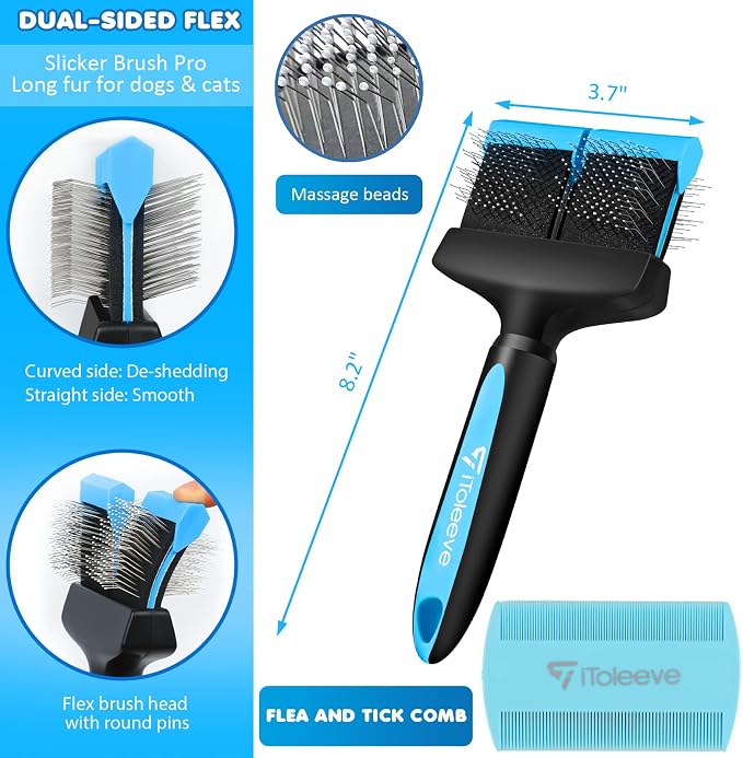 iToleeve Professional LED Dog Nail Clipper + Dual Flexible Slicker Brush, Nail Clipper with Light and Safety Guard, Illuminates Dogs Nails, Dog Brush for Long Hair, Gently Removes Undercoat, Tangles