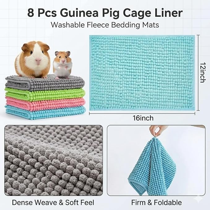 8 Pcs Guinea Pig Cage Liner, 16x12 Inch Washable Fleece Bedding Mats, Reusable Pee Pads for Small Animals, Rabbit Bunny Hamster Cage Accessories (Gray, Green, Pink, Blue)