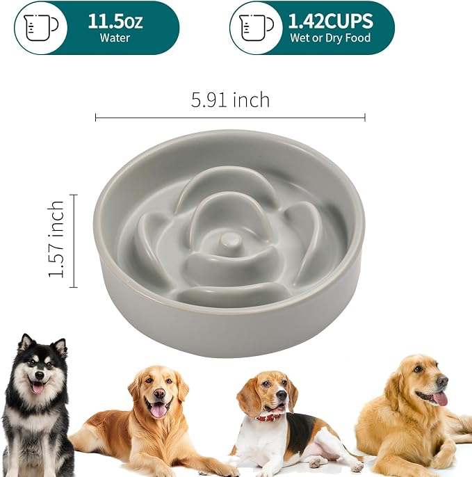 Grey Ceramic Slow Feeder Dog Bowl for Small and Medium Breeds,6.1 in Slow Feeding Bowl,Puzzle Cat Dog Food Bowl for Fast Eater,Maze Dish Puzzle Bowl for Small Dogs and Cats