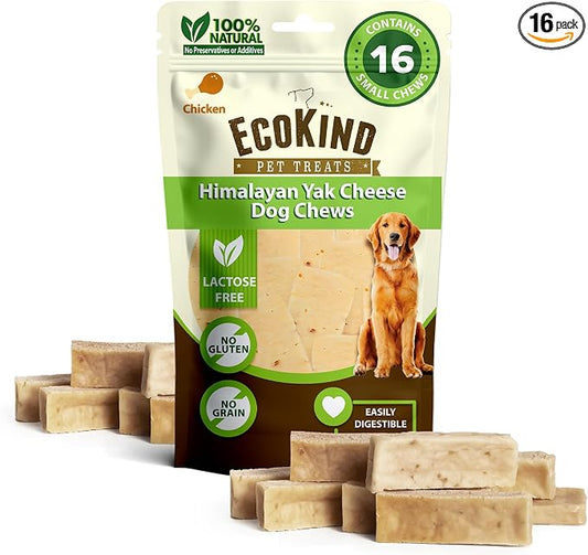 EcoKind Yak Cheese Himalayan Dog Chews, Yak Chews for Small Dogs, Long Lasting Bone for Aggressive Chewers, Only 4 Ingredients, Natural High Protein Dog Treats, No Additives, Chicken, Small - 16 Chews