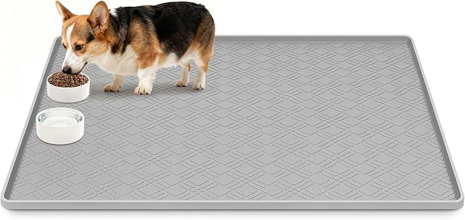 Dog Food Mat, 42" x29" Large Silicone Mat Dog Feeding Mat with Raised Edge Non-Slip Pet Feeding Mat for Food and Water Bowl, Easy to Clean, Floor Protection (Light Gray)