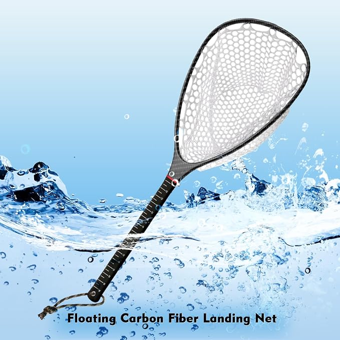 Riverruns Fly Fishing Landing Net Carbon Fiber Trout Net with Measurement Handle, Soft Rubber Mesh - 26" Standard (Wading) / 37" Long (Kayak)