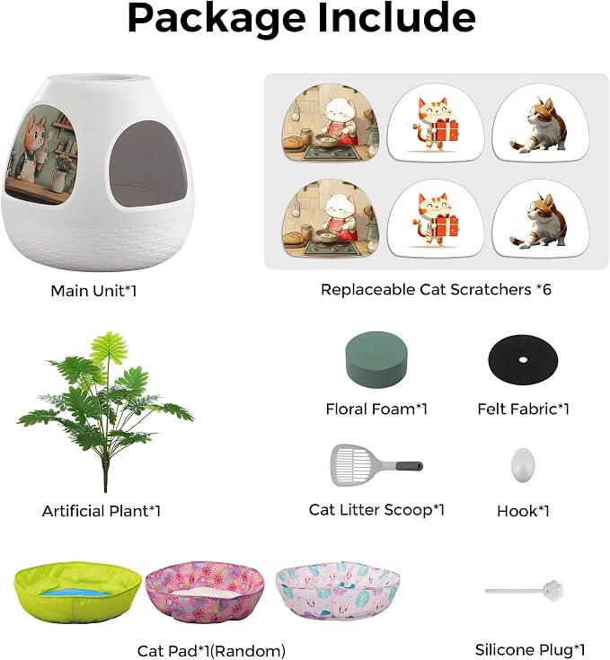 Eggloa6 Hidden Cat Litter Box Plant with 4 Litter Box Liners, Cat Litter Mat, 4 Odor Filter Artificial Plant Litter Box Enclosure Large DIY Litter Box Furniture for Cat Kitty Bunny (Snow White)