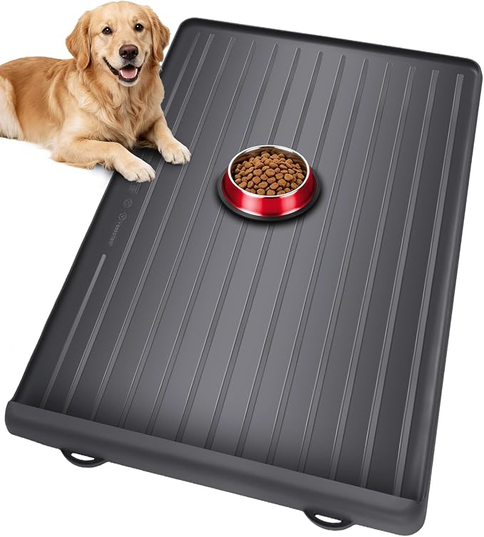 Dog Mat for Food and Water - 39.4" x 27" Large Pet Feeding Mats with Residue Collection Pocket - Waterproof Dog Cat Bowl Mat with High Edges to Prevent Water and Food Spills (Black)