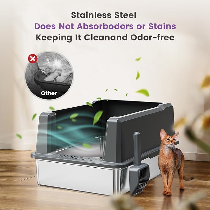 XXXXX+L Stainless Steel Cat Litter Box with Lid, 28" L x 20" W x 16" H Metal Litter Box with Hight Sides for Big Cats & Multiple Cats, Never Absorbs Odors, Anti-Urine Leakage, Easy Cleaning (Gray)