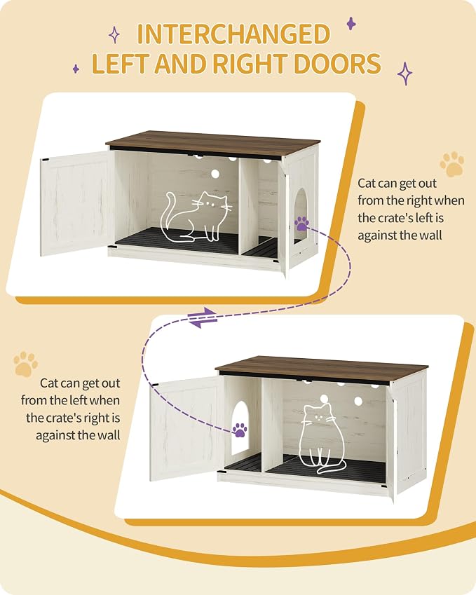 Hzuaneri Cat Litter Box Enclosure with Cushion, Hidden Litter Box Furniture with Removable Dividers, Reversible Entrance Left or Right Side,Cat House, Rustic White and Brown CB84714X