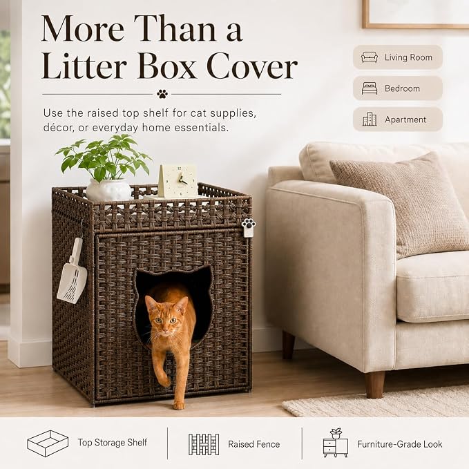 Handwoven Rattan Cat Litter Box Enclosure for Large Litter Boxes, Includes 1 Litter Mat & 2 S-Hook Attachments, Furniture-Grade Hidden House for Living Room, Bedroom, 24.6"x24"x19.88" Brown