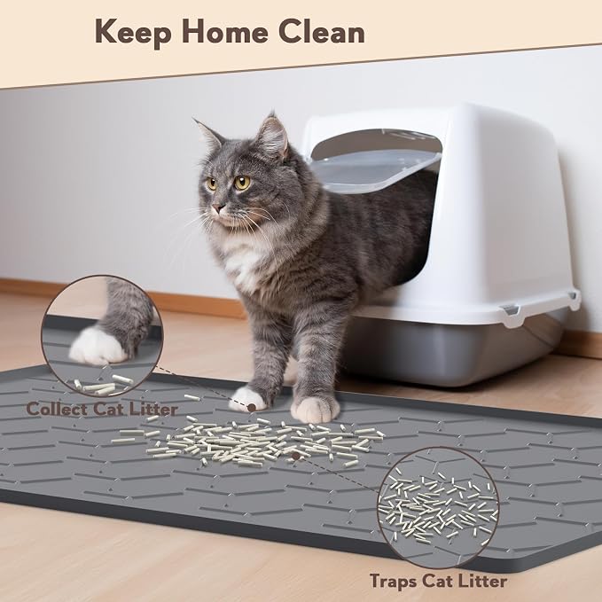 Garoopion Cat Litter Box Mat, Large 34.05×22.5 inch Cat Litter Mat, Waterproof Silicone Pad for Floor, Dark Gray