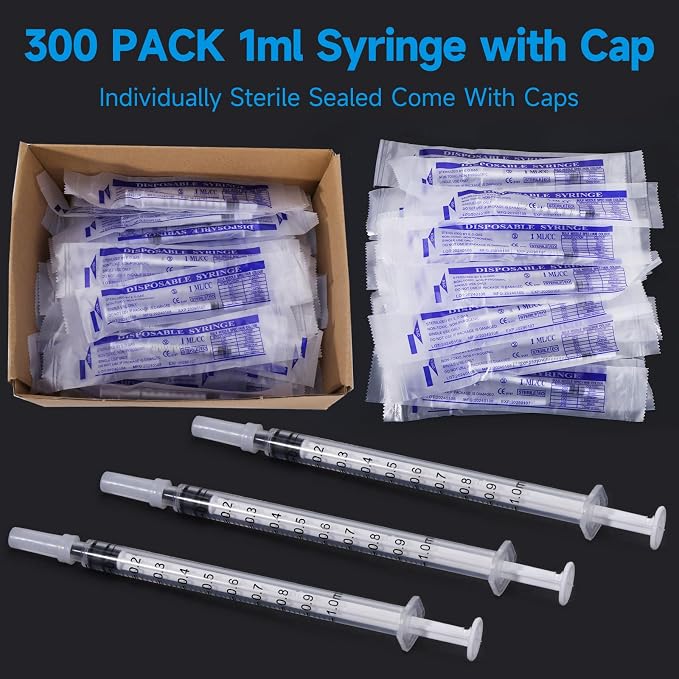300 PCS 1ml Syringe Bulk with Cap,1cc Plastic Small Syringes with Cover, Liquid Measuring Syringe, Syringes Tools for Scientific Labs, Feeding Small Pets, Oil or Glue Applicator-Individually Sealed