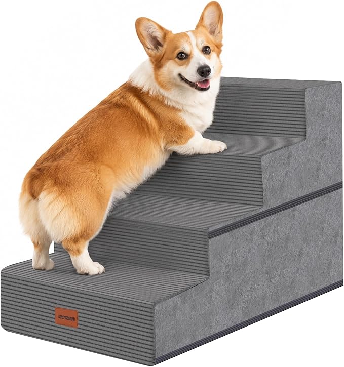 Dog Stairs for Small Dogs, 18" H, 4-Step Pet Steps for Bed Couch Sofa and Chair, Non-Slip Balanced Pet Ramp for Injured & Senior Pets with Washable Cover and Durable High Density Foam, Grey