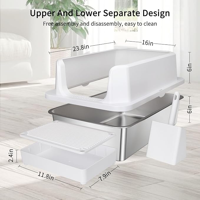 RIZZARI Stainless Steel Litter Box: Large White Open Top Design with Odor-Resistant Steel & High Walls - Leakproof & Durable Teflon Coating- Ideal for Multiple Cats - Living Room Balcony Use