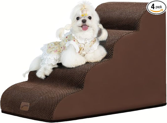 GoGoBunny Waterproof High Density Foam Curved Dog Stairs for High Beds Couches 19.7" H, 4-Step Ramp Dog Steps Friendly to Small Medium Dogs or Pets Joints, Non-Slip Balanced Durable Pet Step, Brown