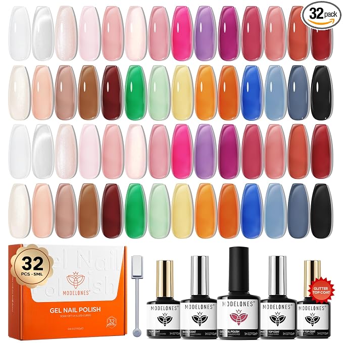 modelones 32 PCS Gel Nail Polish Set, 28 Colors Jelly Nude Gel Polish with No Wipe Base Coat, Glitter & Glossy & Matte Top Coat Translucent Pink White Brown Soak Off LED Nail Art Kit Salon at Home