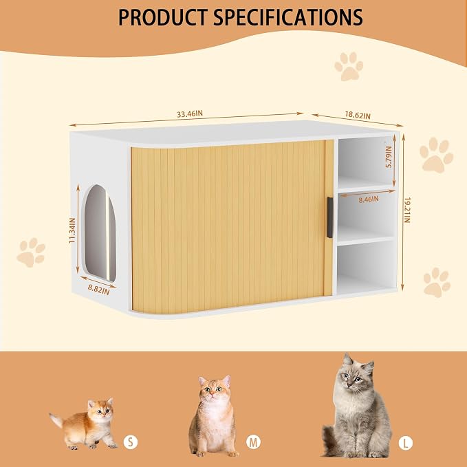 Cat Litter Box Enclosure Litter Box Furniture Hidden with Sliding Door Wooden Washroom Modern Indoor Cat House Table Nightstand Side End Table Box Cabinet,White and Natural