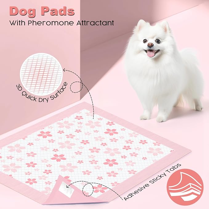 MIZOK Puppy Pads Pink 22x22in, Quick-Dry Puppy Training Pads with Pheromone Attractant, Decorative Cherry Blossom 6-Layer Heavy Duty Leak-Proof Pet Pads, Disposable (50 Count)