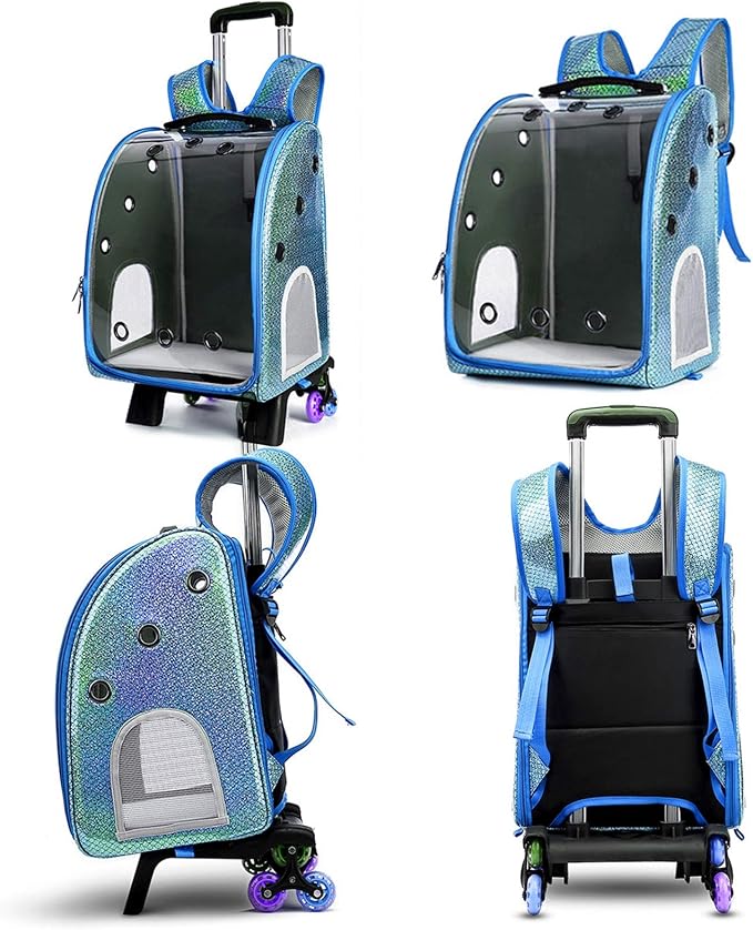 Pet Travel Rolling Carrier Backpack with Removable Wheels,Portable Foldable Breathable Airline Approved Hiking Soft-Sided Carrying Bag Trolley for Small Dogs And Cats with Mesh Ventilation Windows